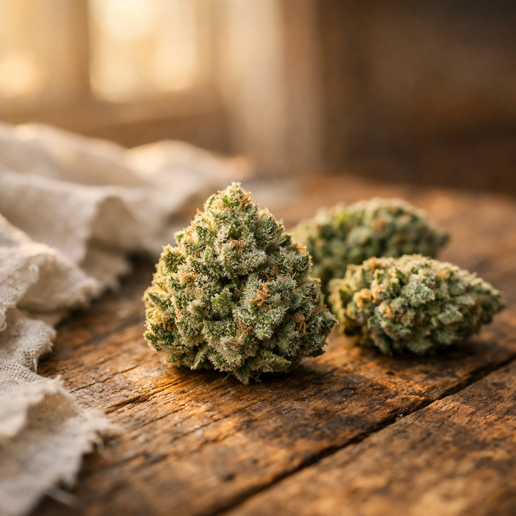 Girl Scout Cookies Greenhouse flores con tricomas blancos en madera envejecida