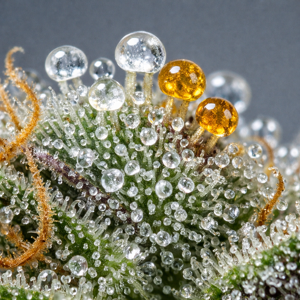 Macro extrema de tricomas y glándulas de resina de Girl Scout Cookies