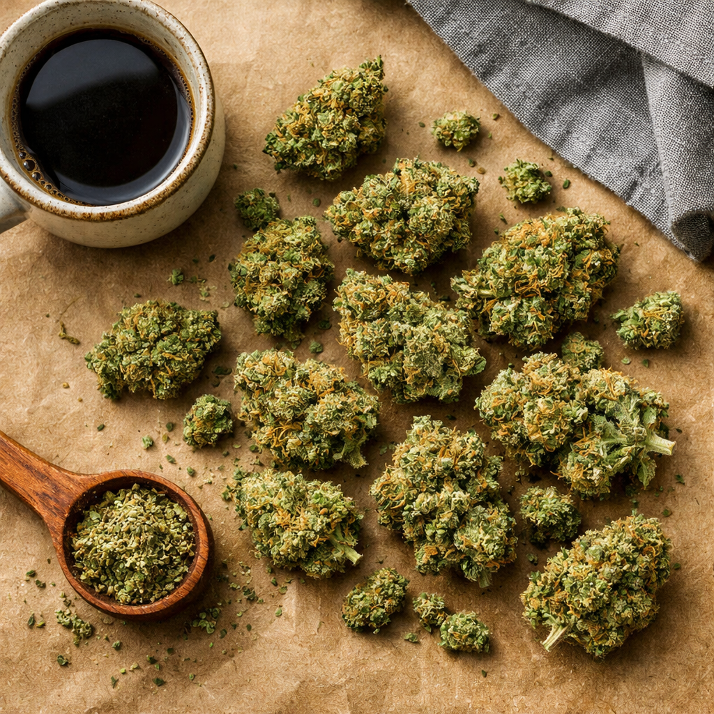 Composición plana cenital: Jack Herer con props de cata