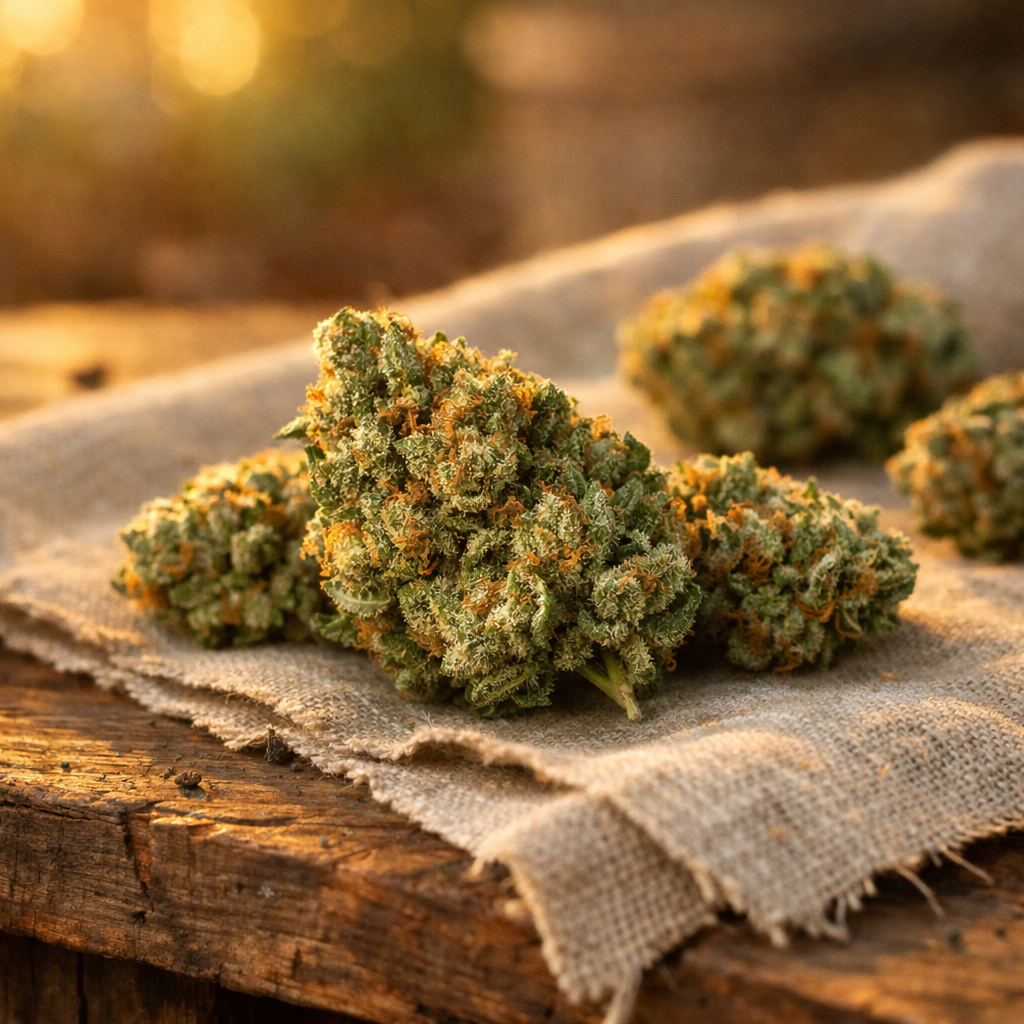 Flores Jack Herer Greenhouse sobre madera envejecida con luz dorada
