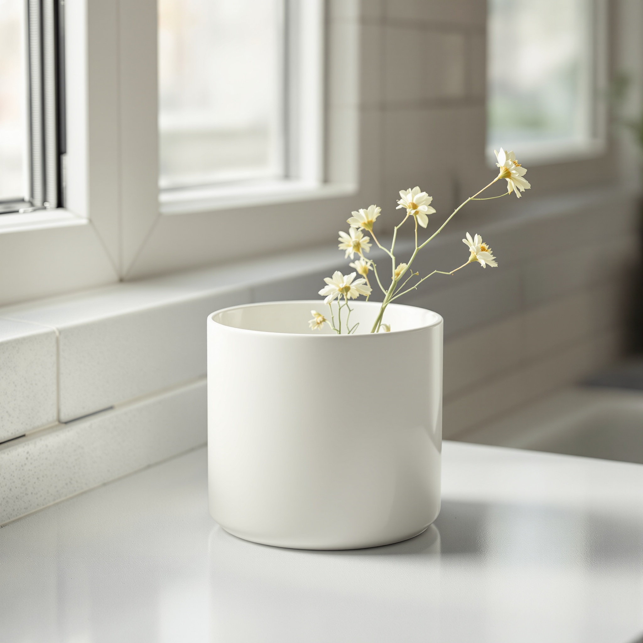 Bote de cerámica blanca sin marca sobre mesa formica gris, luz de ventana cool