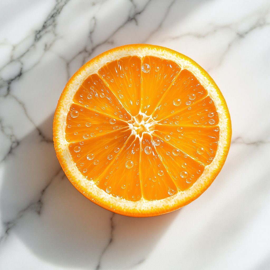 Sección de naranja fresca cortada sobre mármol blanco con gotas de jugo cristalino