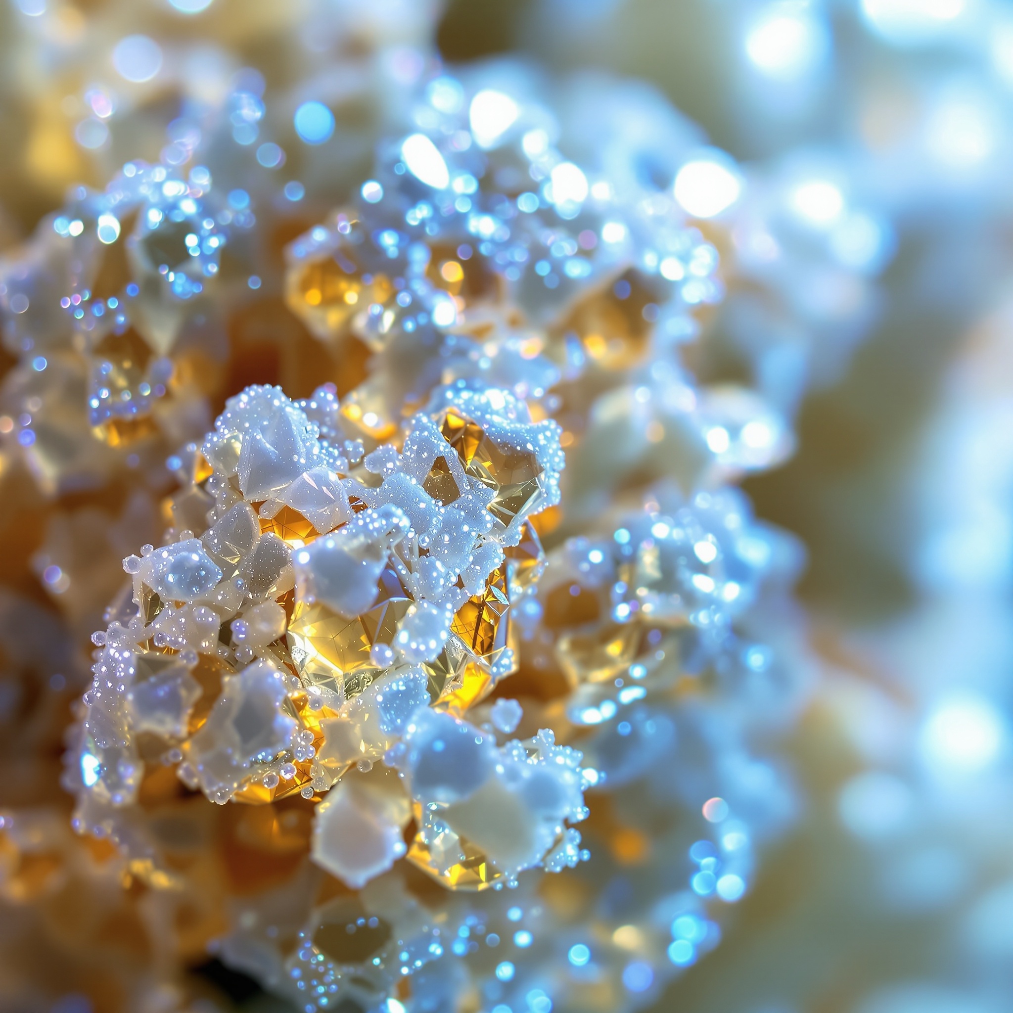 Macro de tricomas y resina con luz fría y científica, fondo blanco difuso
