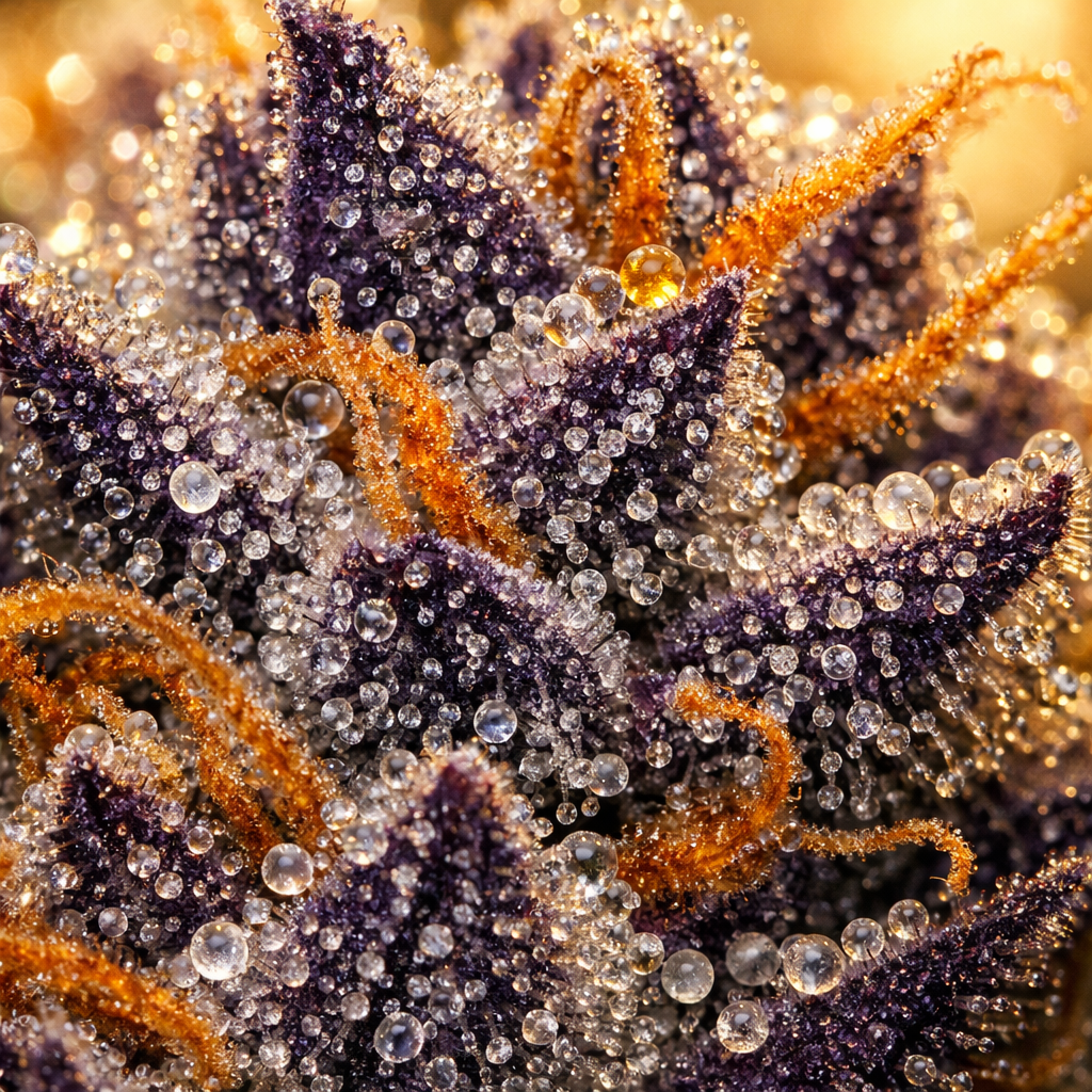 Tricomas de Purple Haze en macro: estructura de cristales y resina