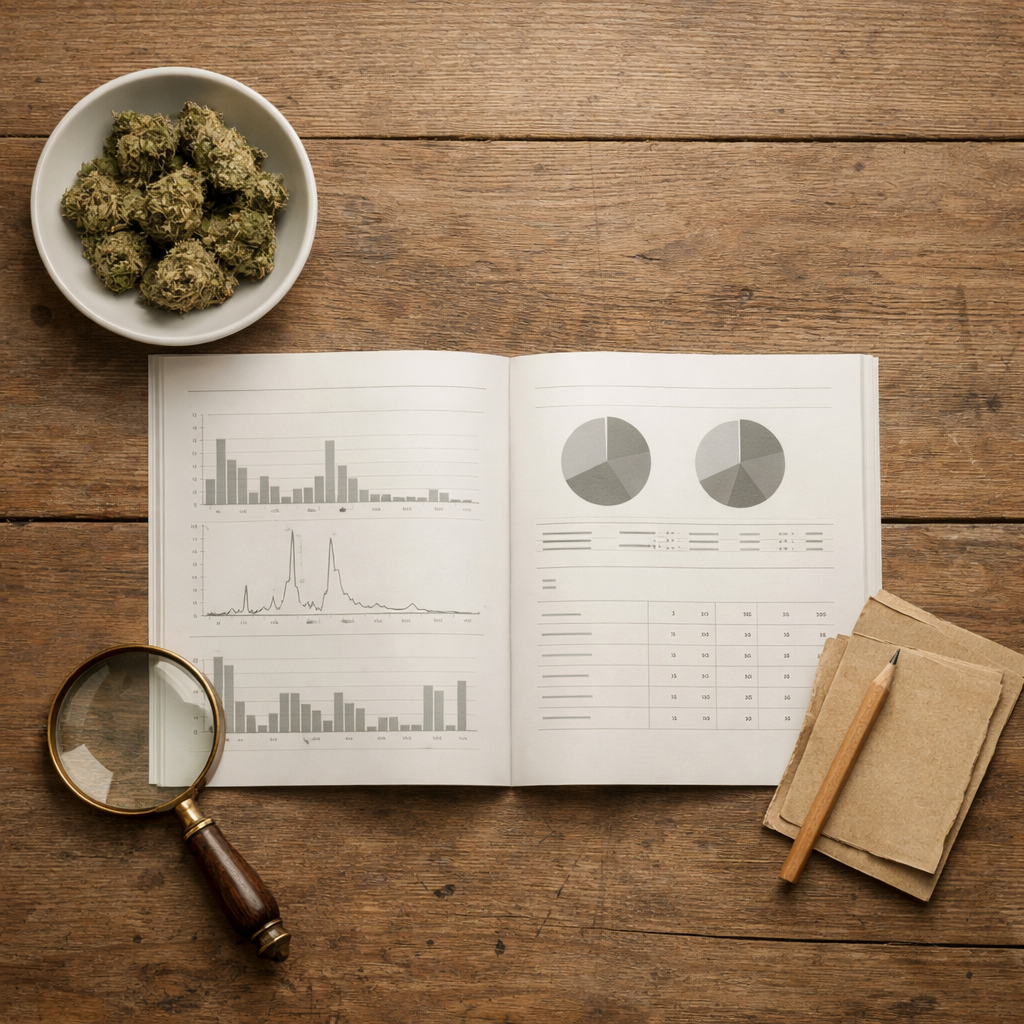 Composición cenital con análisis, lupa, cogollo, notas y materiales de cata