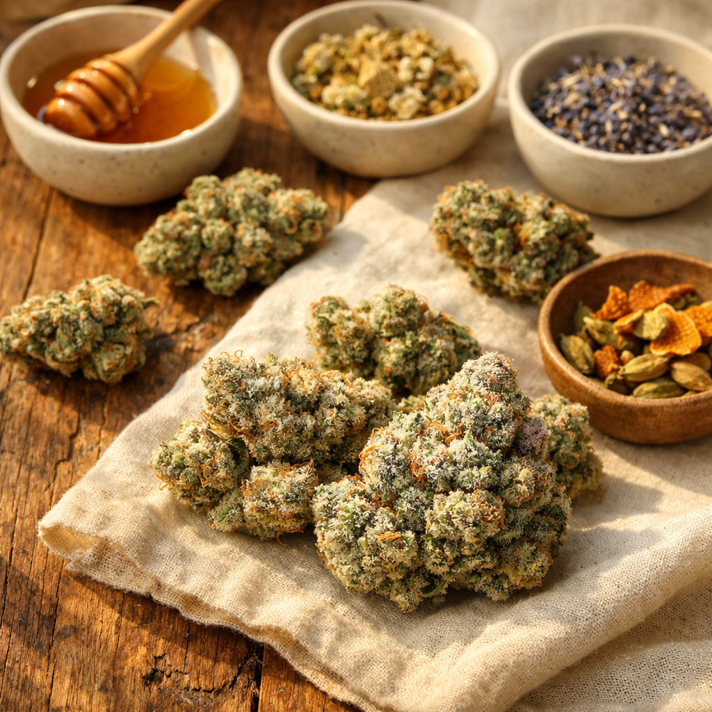 Flores de CBD Gelato Cookies sobre madera envejecida
