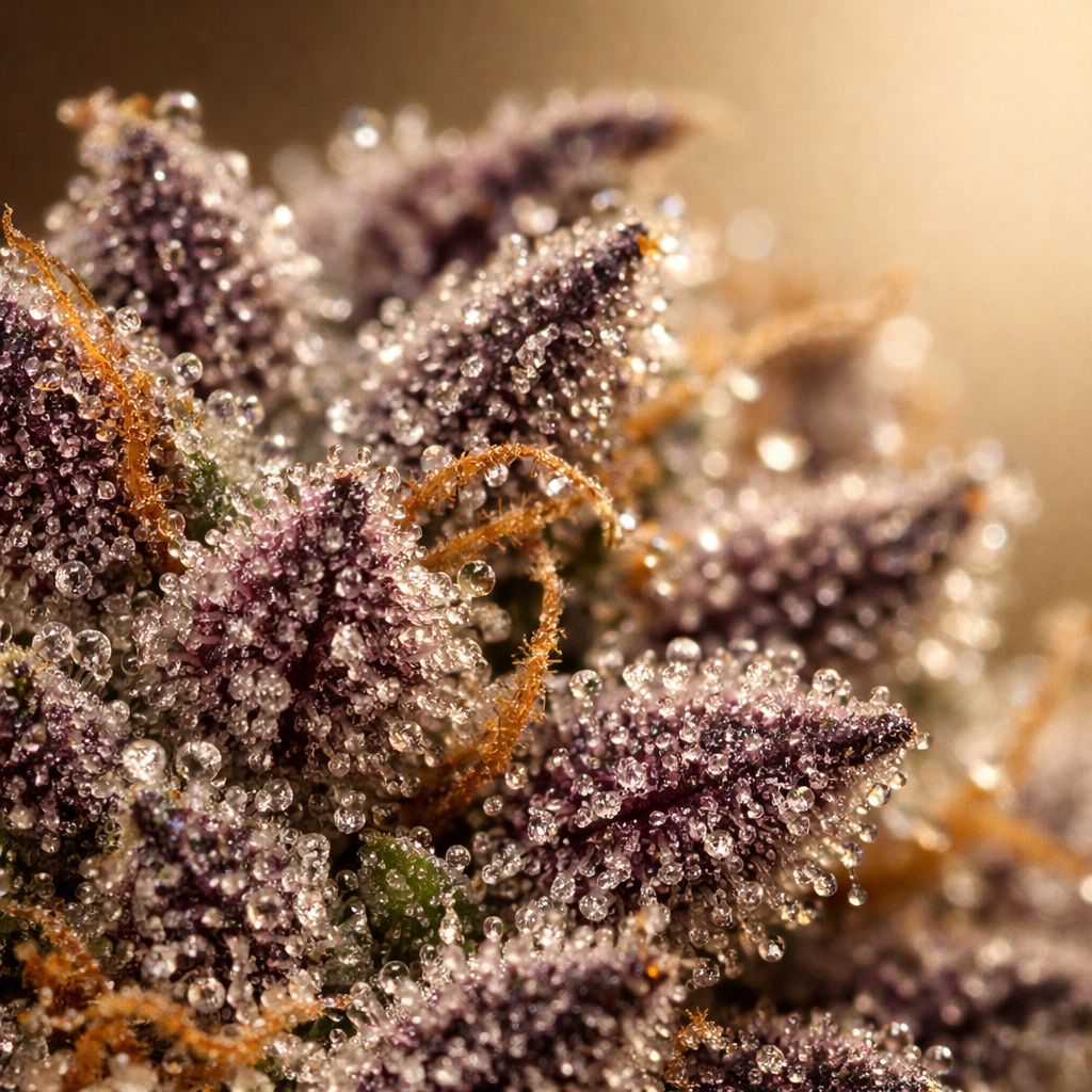 Macro de tricomas cristalinos y color púrpura en Gelato Cookies