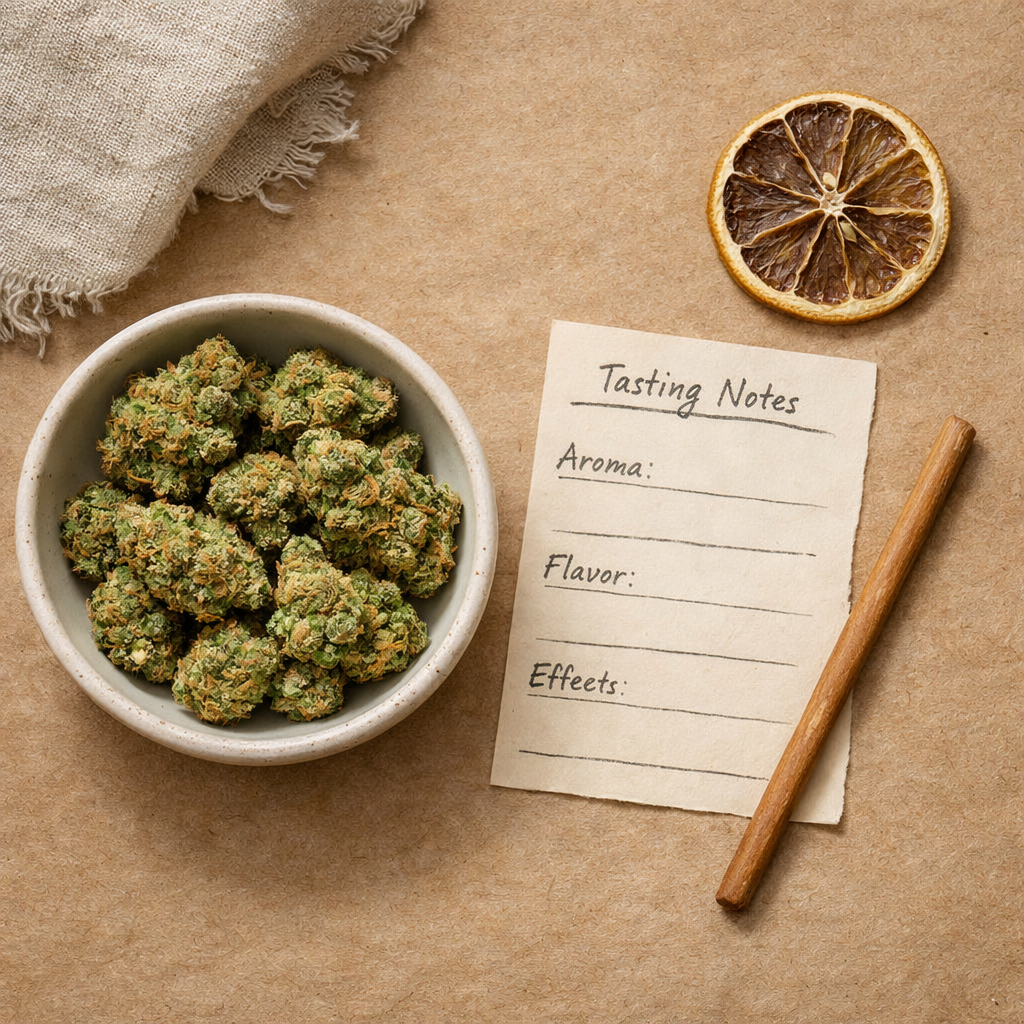 Composición flat-lay con notas de cata, cogollos de Jack Herer y elementos de madera y lino en tono editorial