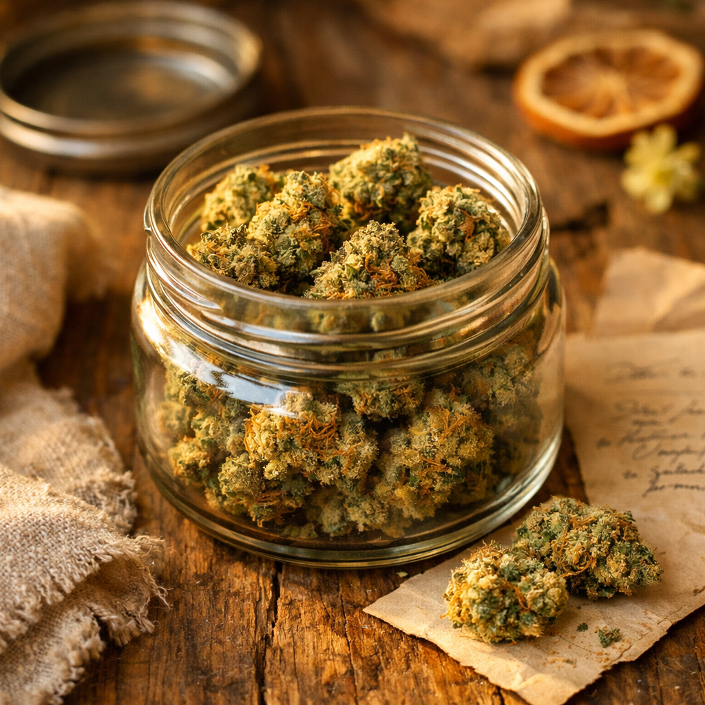 Bote abierto de Jack Herer con cogollos densos bajo luz cálida, rodeado de madera envejecida y apuntes de cata