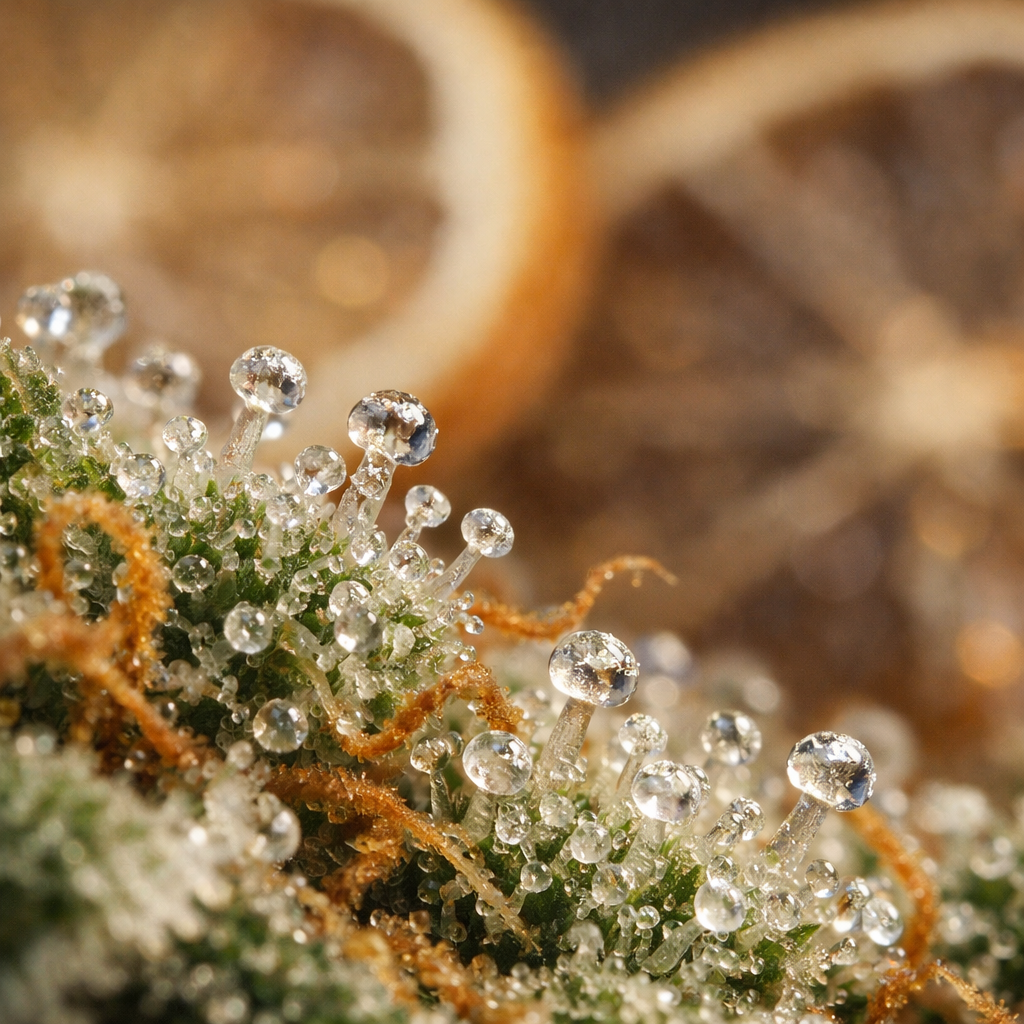 Macro de tricomas translúcidos en cogollos de Jack Herer CBD, capturando la estructura cristalina de la resina
