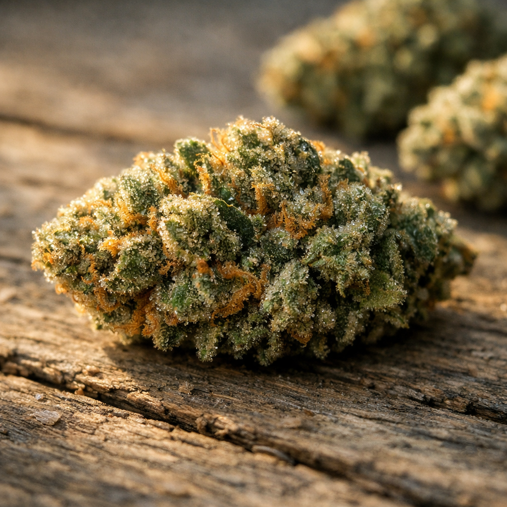 Cogollo denso de Moby Dick Indoor con tricomas dorados sobre madera envejecida