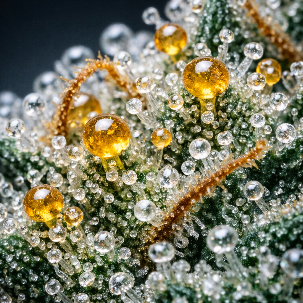 Macro de tricomas cristalinos de Moby Dick Indoor bajo luz estudio