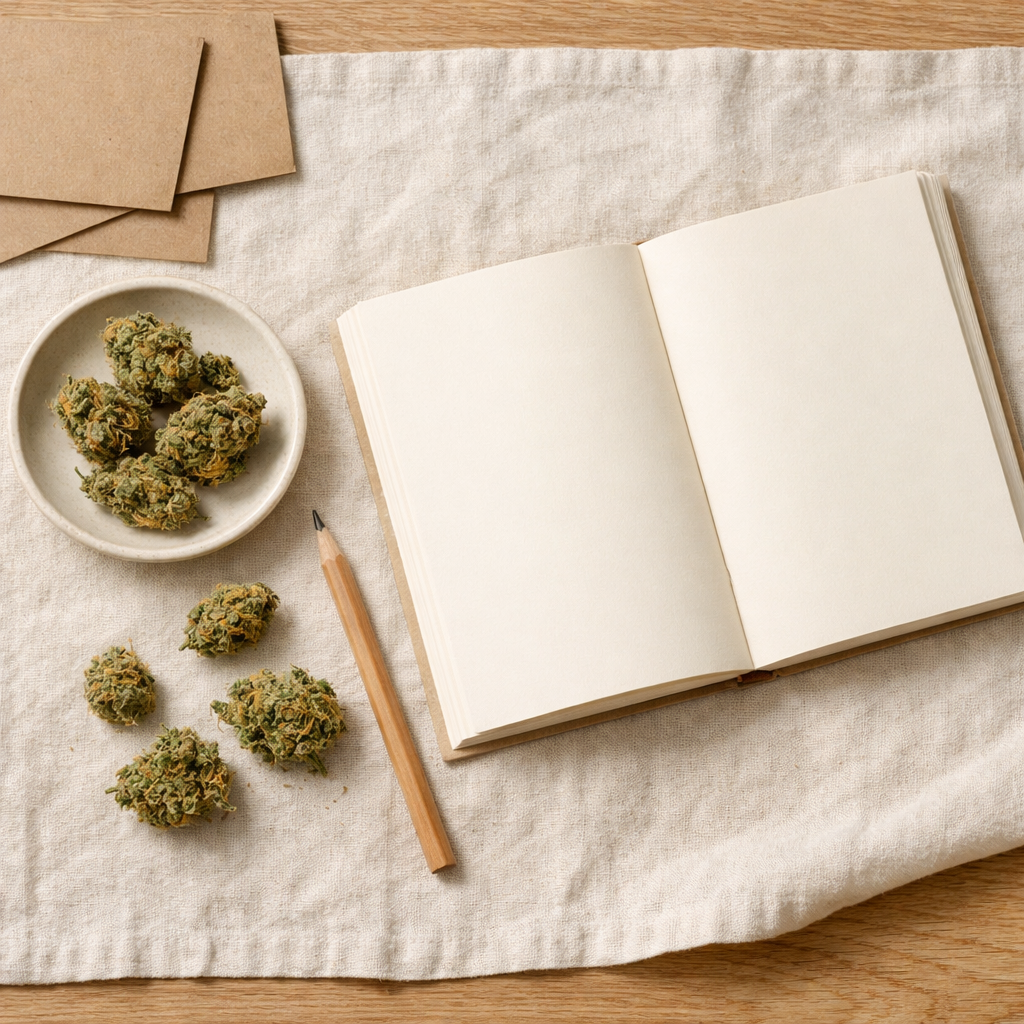 Flat-lay de Moby Dick Indoor con libreta, bolígrafo y props editoriales