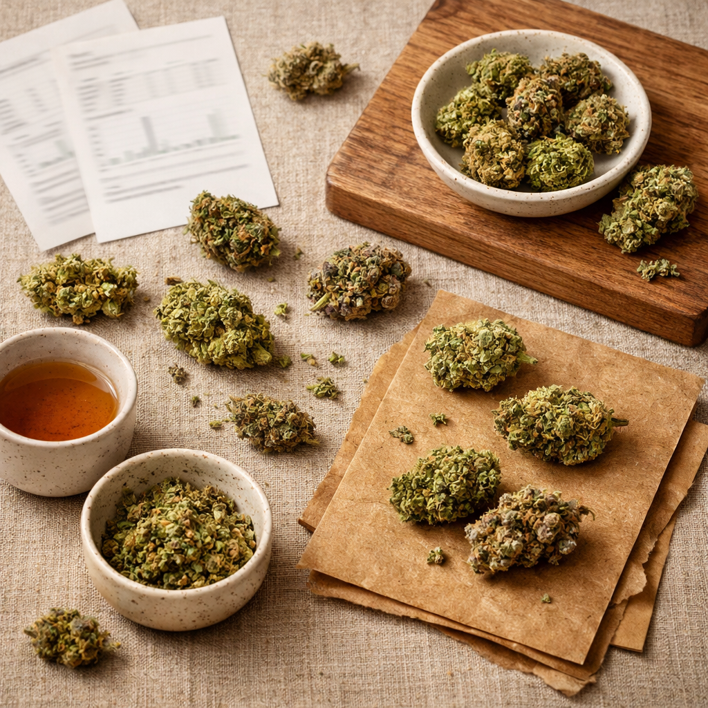 Vista cenital de muestras de flores CBD, análisis de laboratorio y notas de cata en contexto