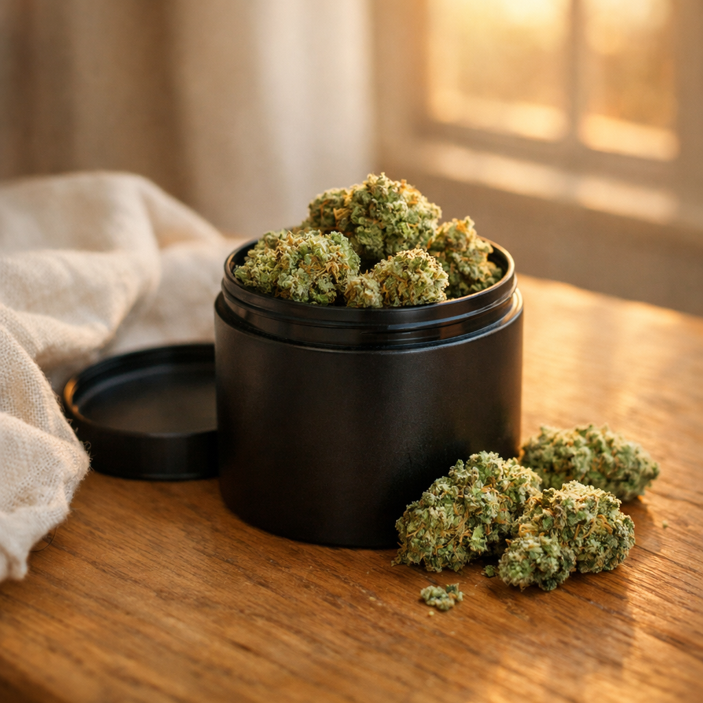 Bote abierto de flores CBD premium en mesa de madera, luz dorada natural, tricomas brillantes visibles