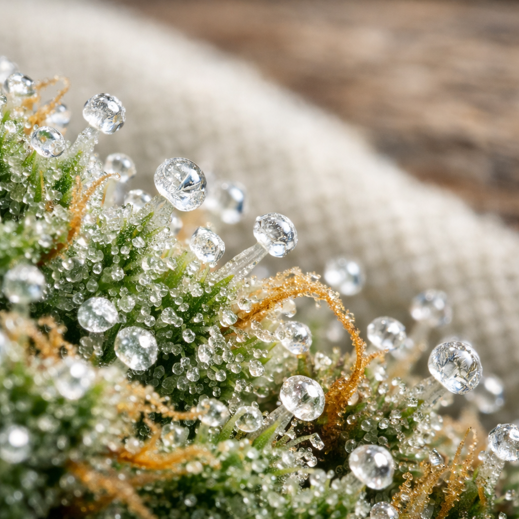 Macro extremo de tricomas CBD brillando bajo luz studio, cristales de cannabinoides visibles
