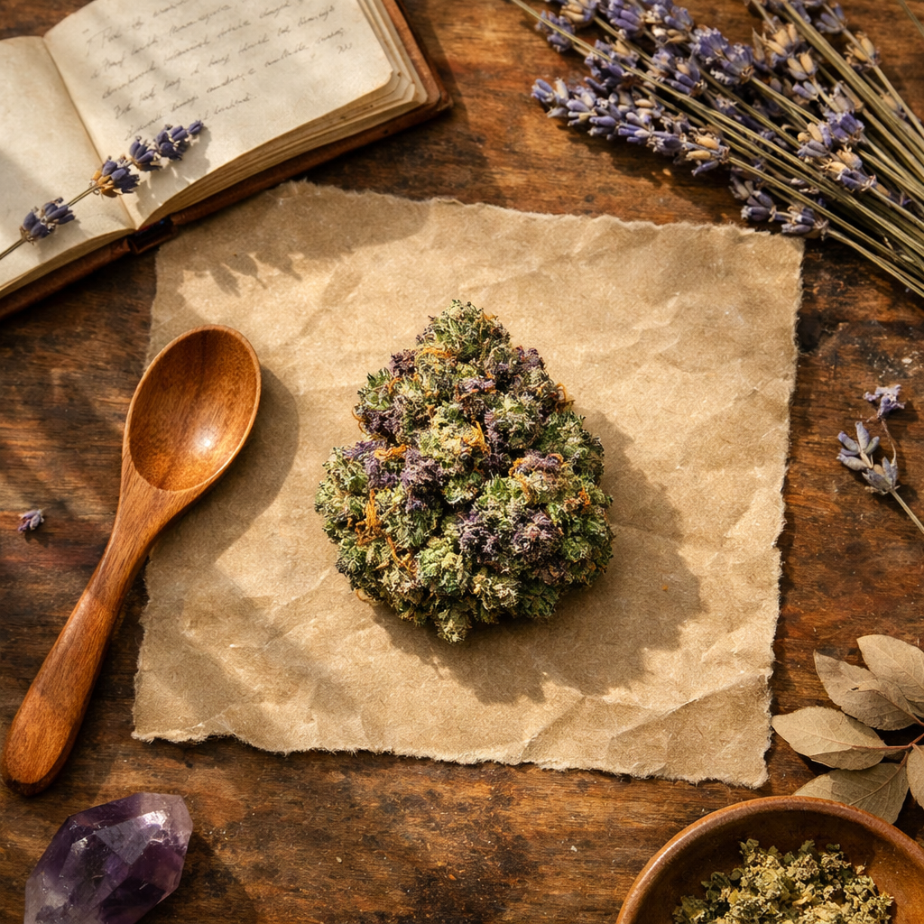 Flatlay cenital de Purple Haze con props de cata aromática, luz natural suave