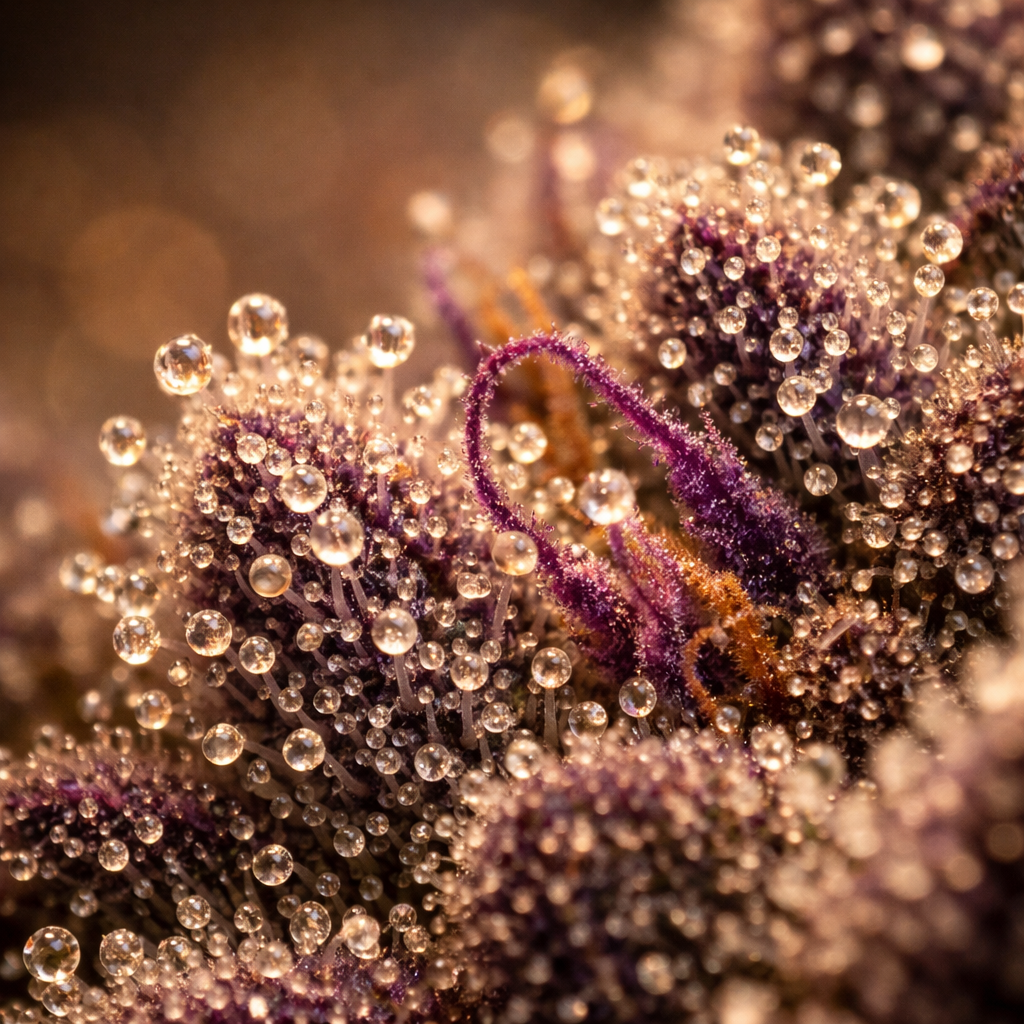 Macro detalle de tricomas en flor de Purple Haze, luces de estudio cálidas