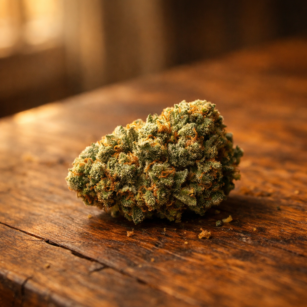 Cogollo de flores CBD premium en madera envejecida