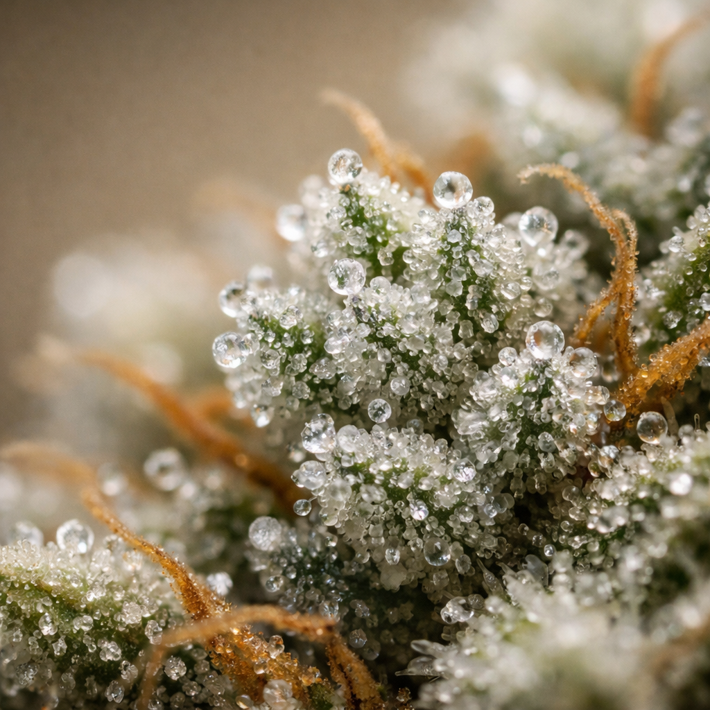 Macro de tricomas de flor CBD con cristales cannabinoides visibles