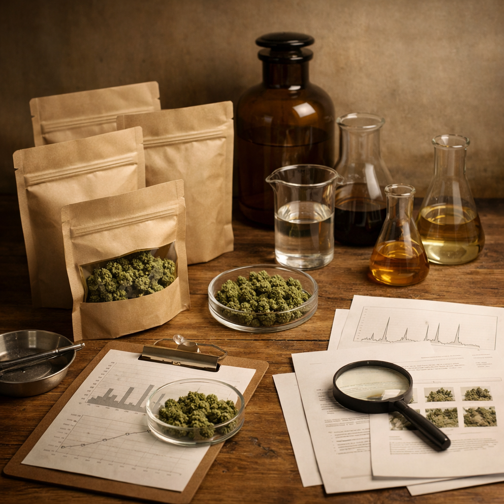 Área de trabajo con muestras de CBD, tubos de ensayo, y documentación de análisis