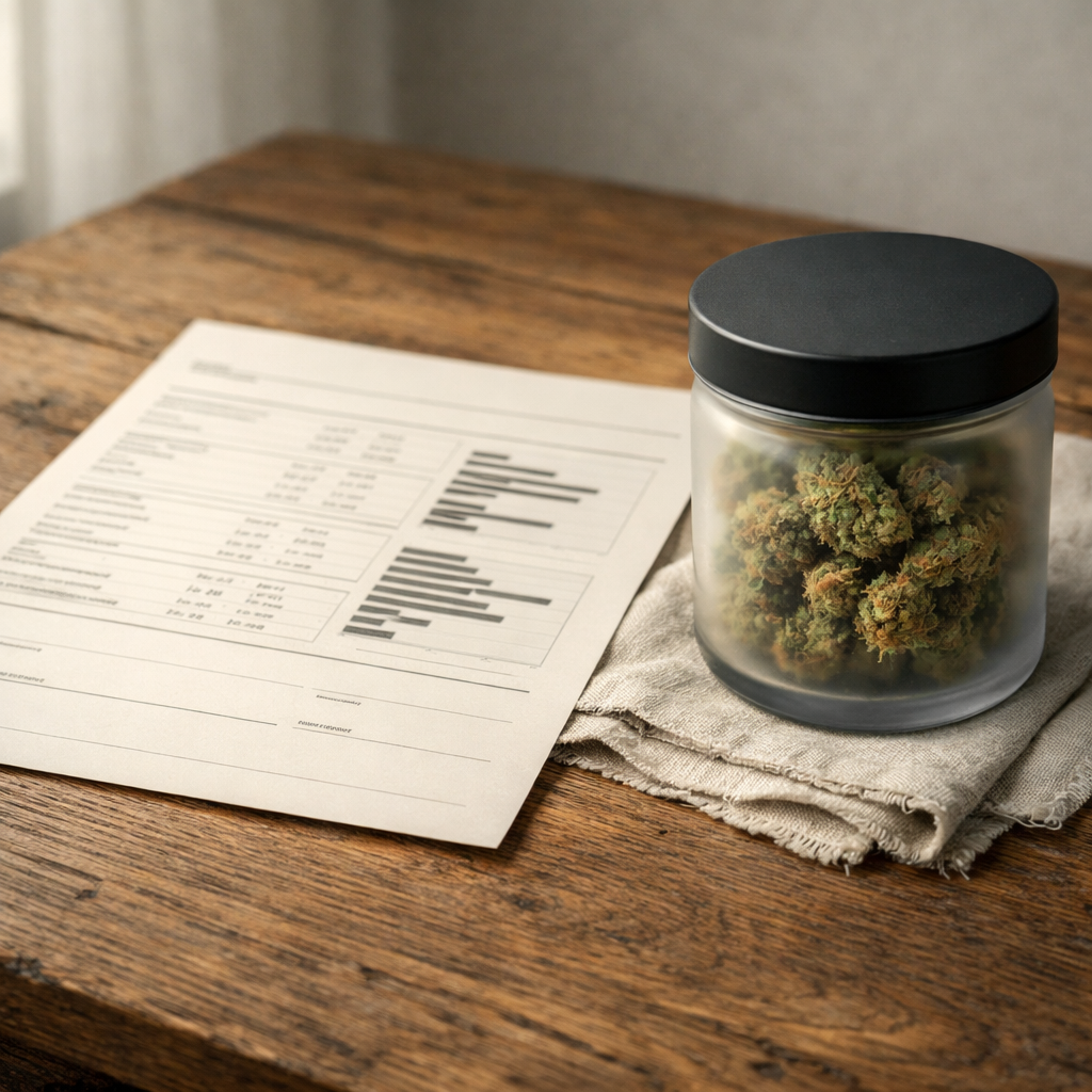 Certificado de análisis por lote junto a bote de flores CBD de calidad premium