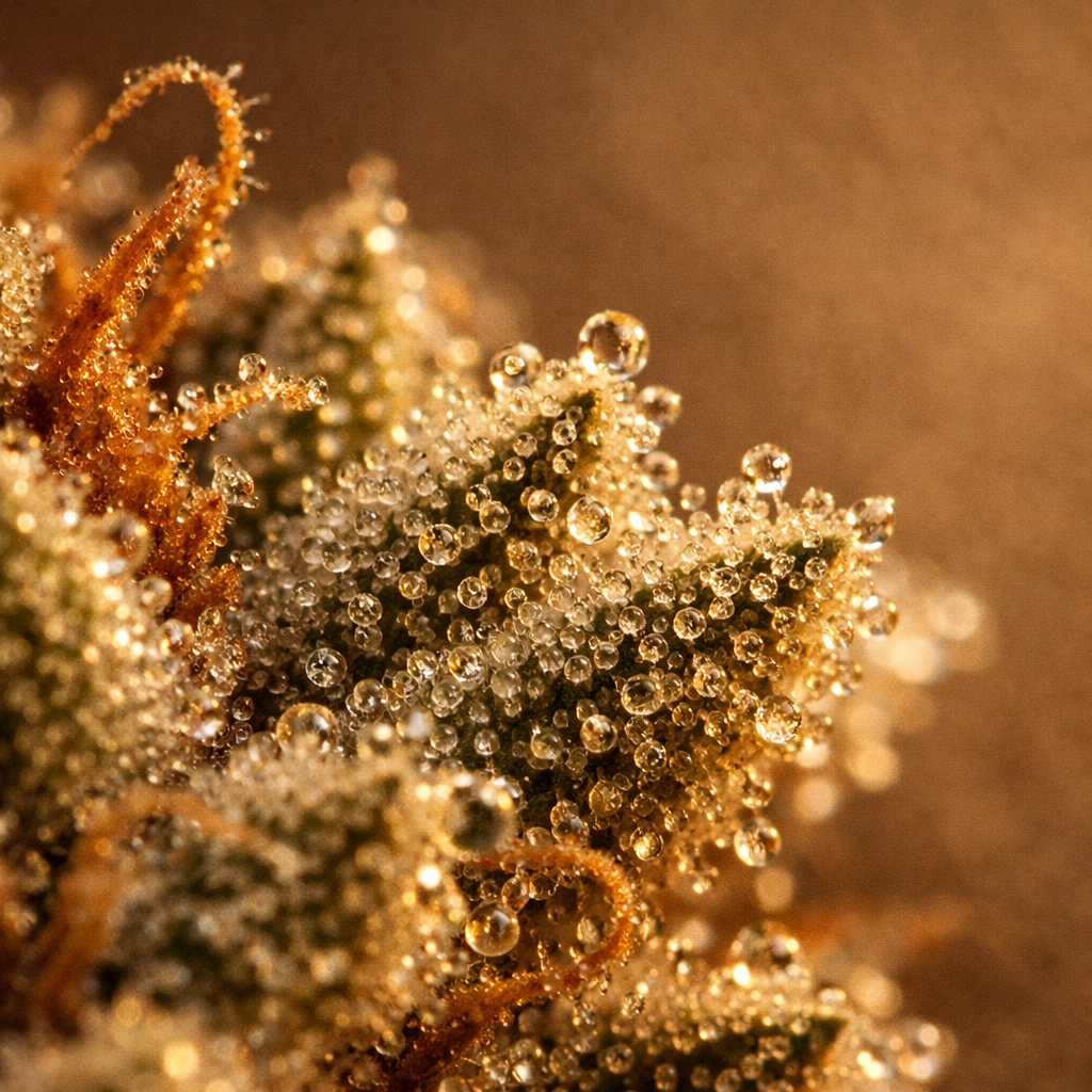 Macro de tricomas resinosos de cogollo CBD con luz cálida