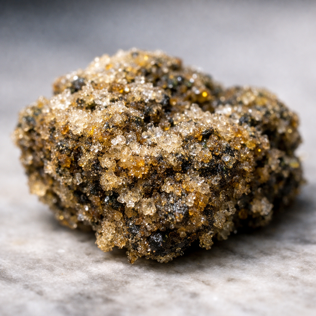 Macro de hash: estructura cristalina de resina y tricomas