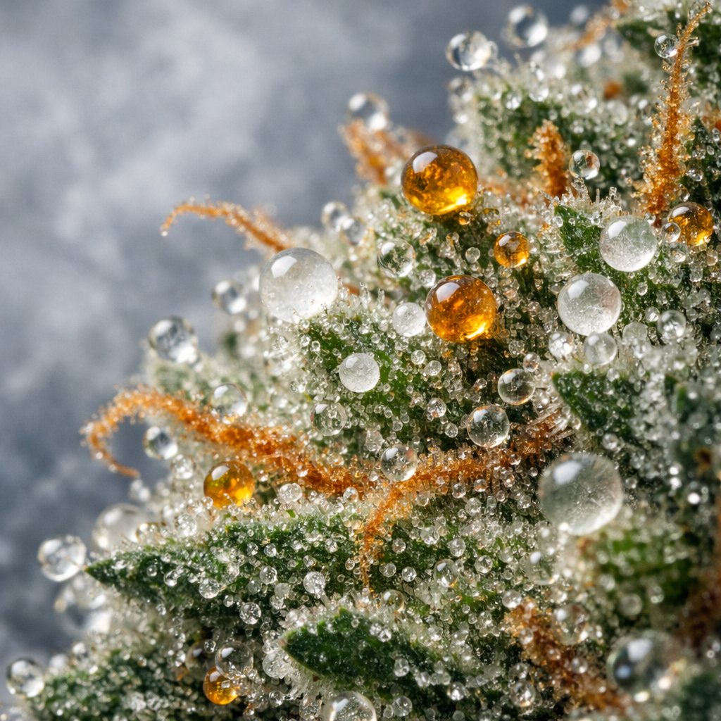 Macro de tricomas de flor CBD con glándulas de terpenos brillantes bajo luz controlada