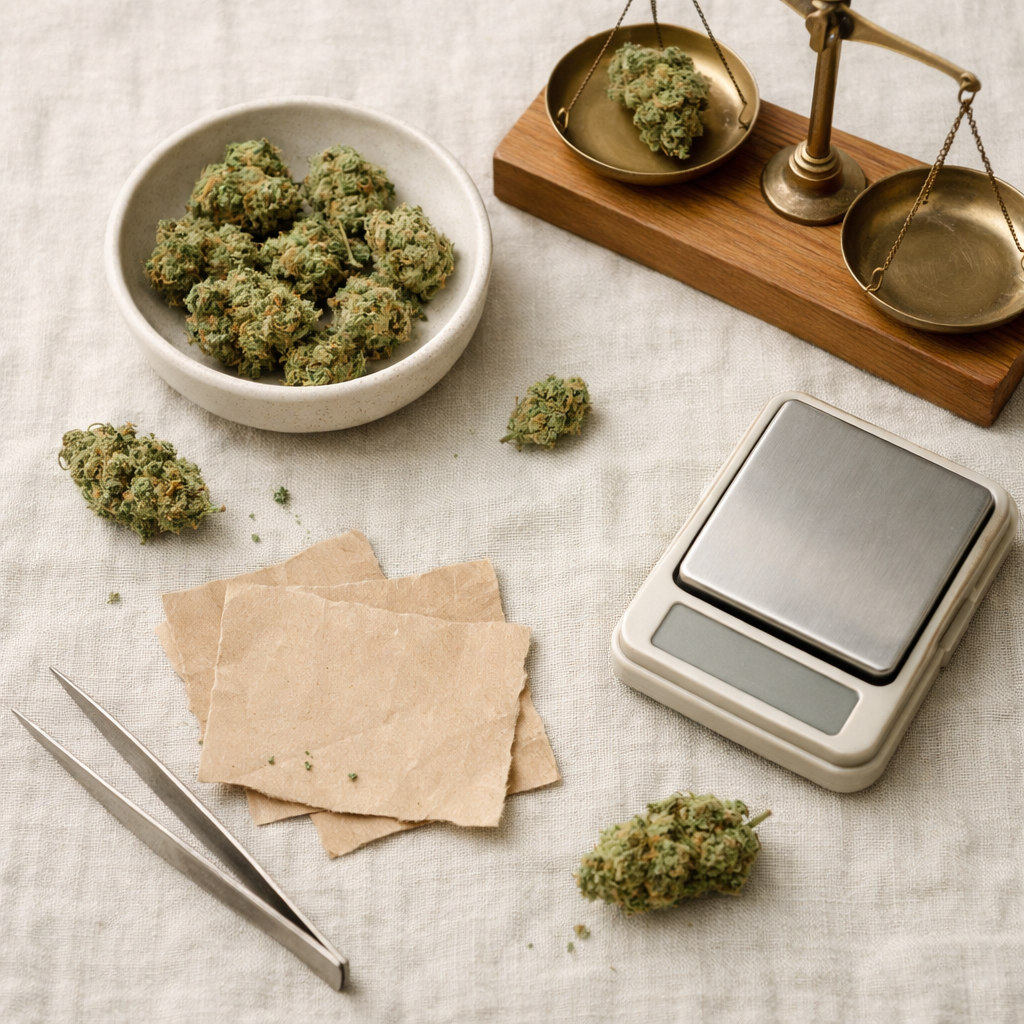 Flatlay editorial de flores CBD con herramientas de cata y análisis