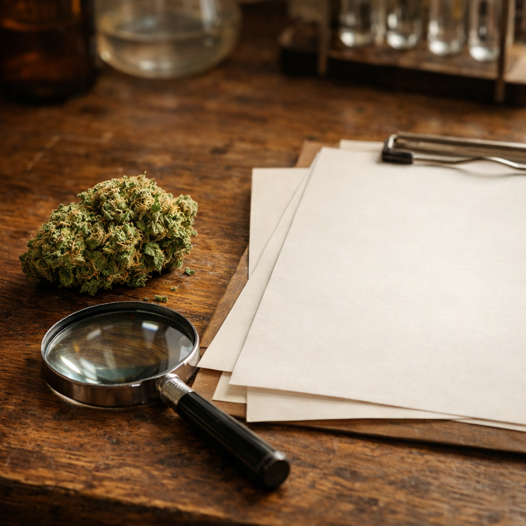 Cogollo de CBD con lupa y documentos de análisis sobre escritorio de roble