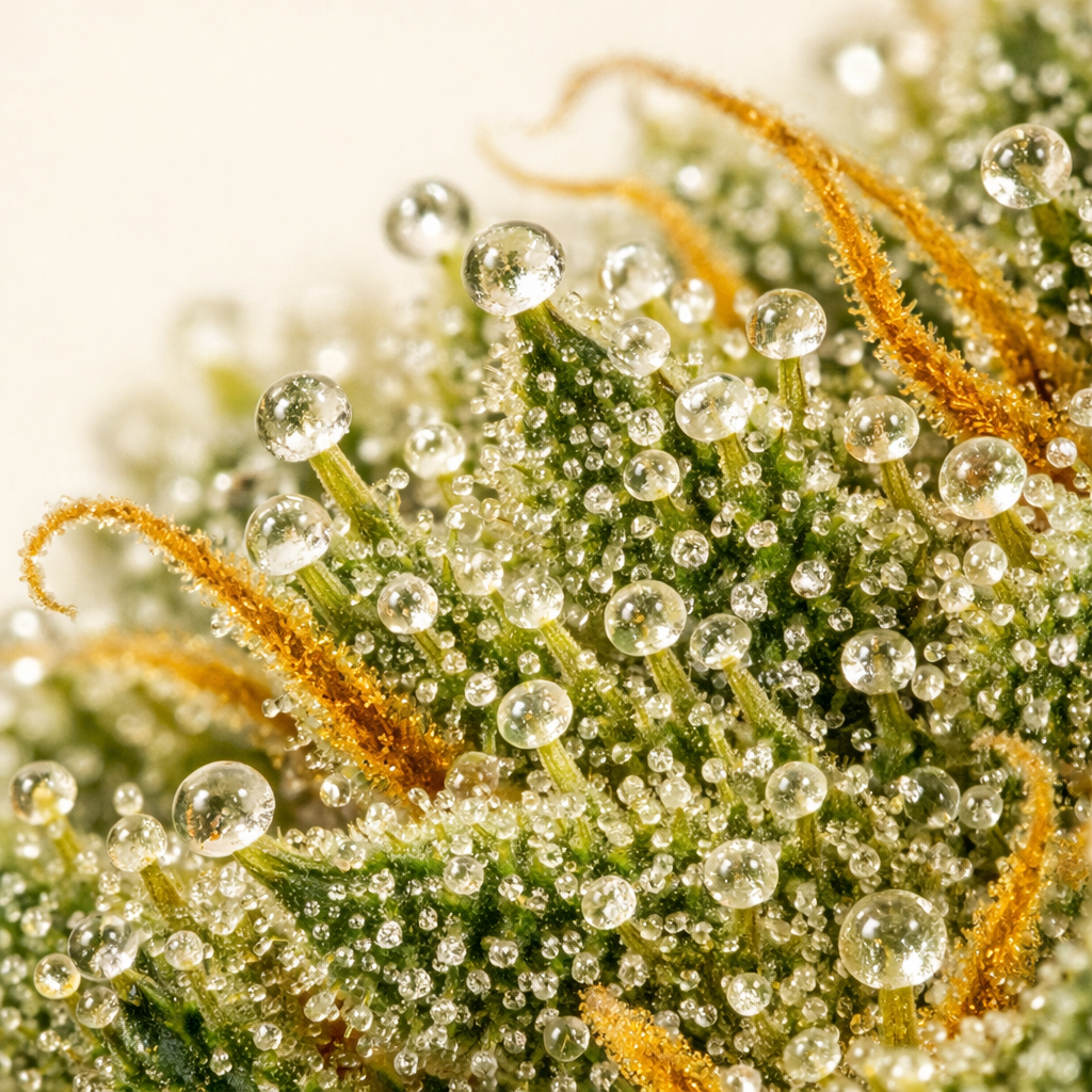 Macro detalle de tricomas cristalinos de flor de CBD